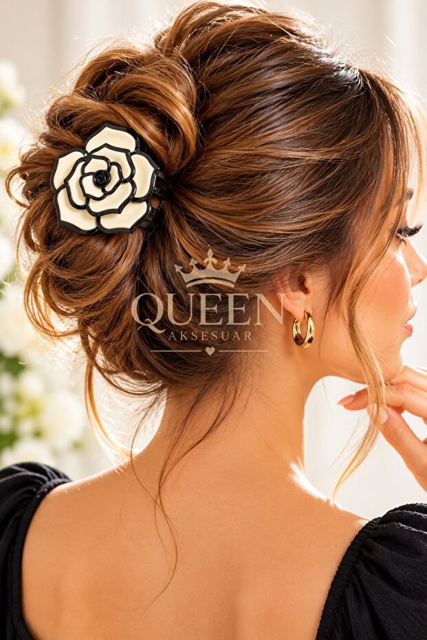 Imported Luxury Brand 3D Camellia Rose Flowered Strong Bone Clasp Buckle White Black-Edged 6cm Large