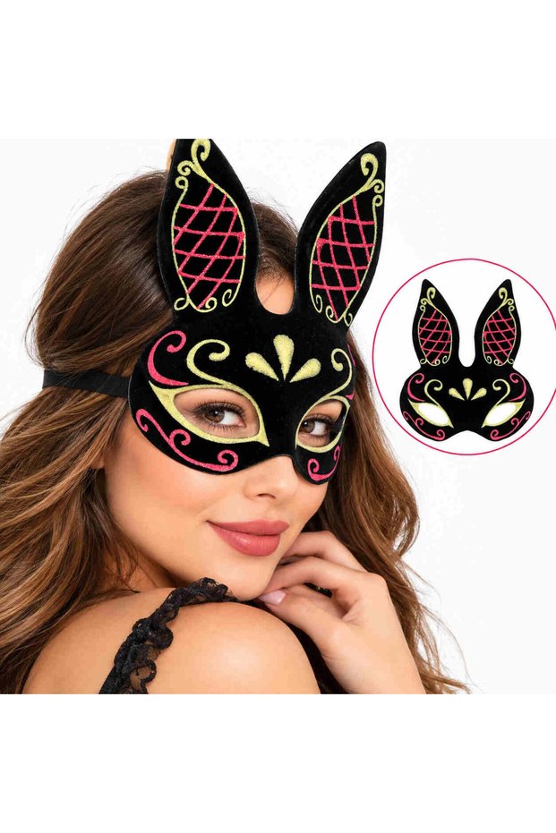 Suede Covered Embroidered Rabbit Mask – Black Pink Gold