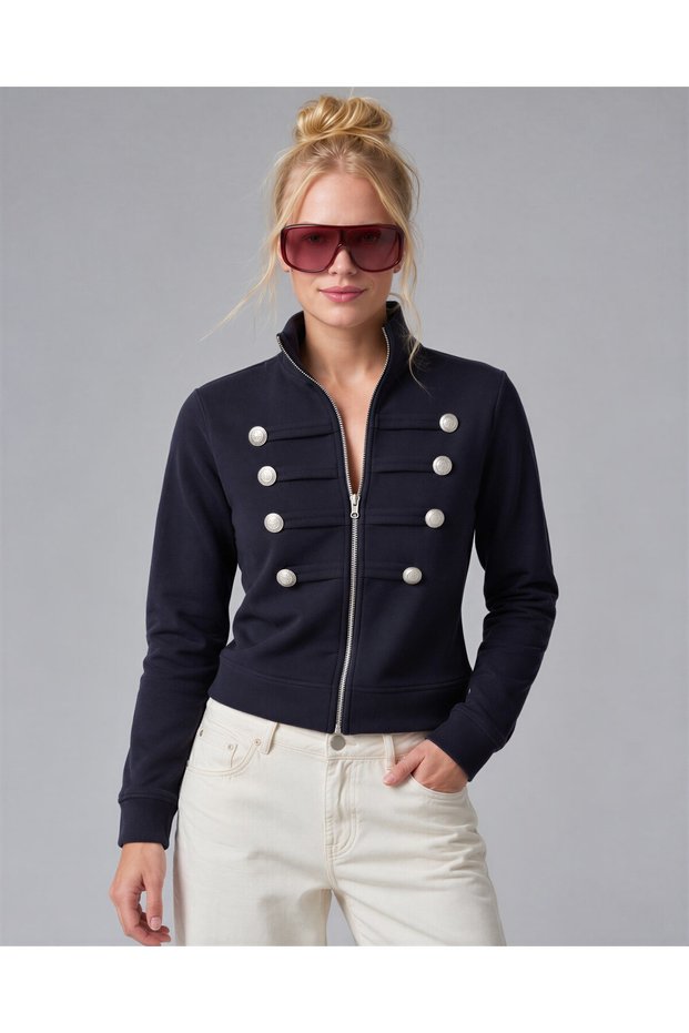 Women's Napoleon Jacket Look Chinese Buttoned Zippered 3 Thread Non-Embossed Sweat Cardigan Navy Blue