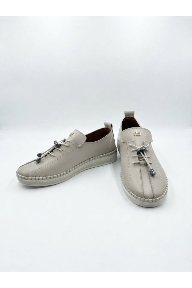 Women's Beige Leather Rubber Laced Sports Shoes