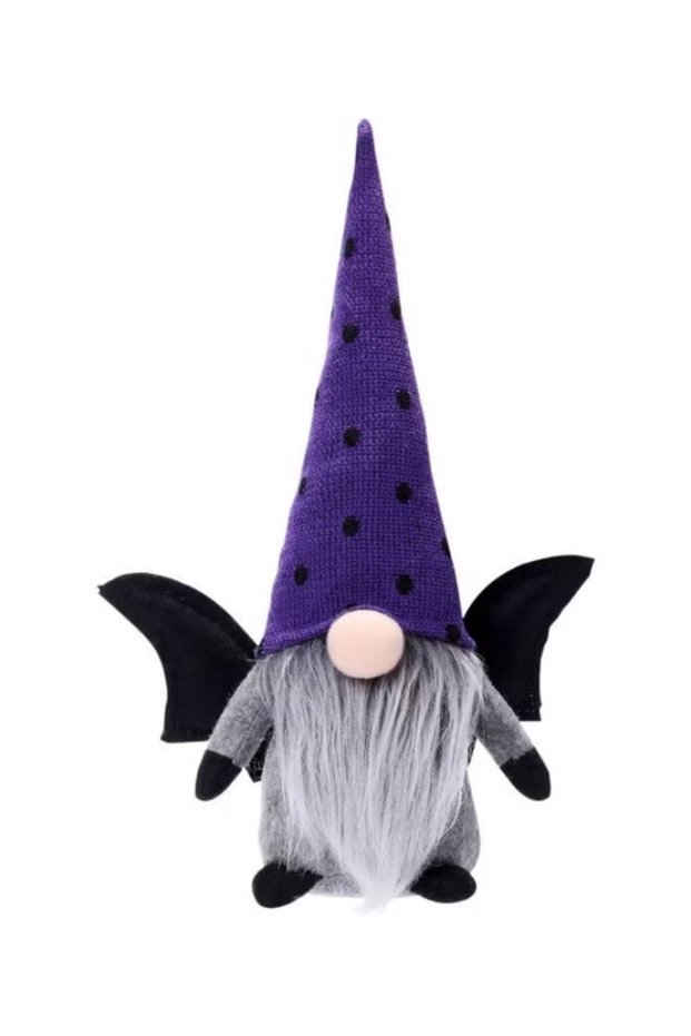 Halloween Rudolph Faceless Gnome Doll with Bat Wings & Purple Polka Dot Knit Hat, Nordic Dwarf Figurine, Table Window Entryway Decor, Spooky Cute Halloween Home Ornament