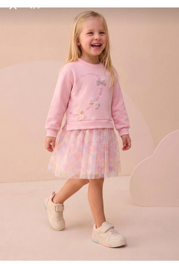 Girl's Pink Bow Detailed Tulle Skirted Long Sleeve Sweatshirt Dress 4-7 Years