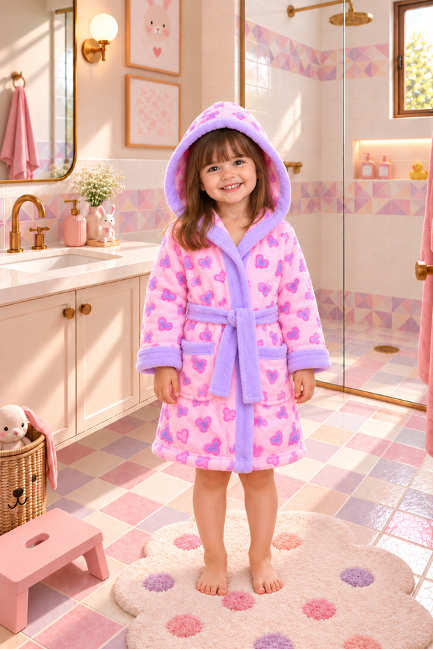 100% Cotton Hooded Baby-Child Bathrobe – Love Pink (Age 5/110 cm)
