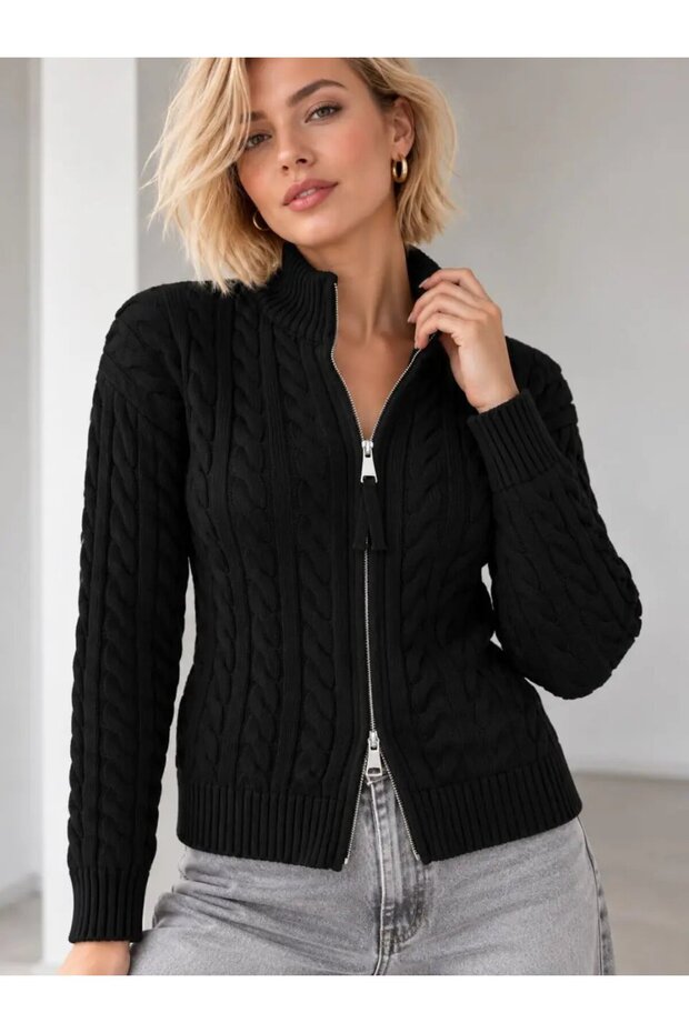 Women's Hair Braided High Collar Knitwear Cardigan - Reversible Zippered Knit Jacket 8775