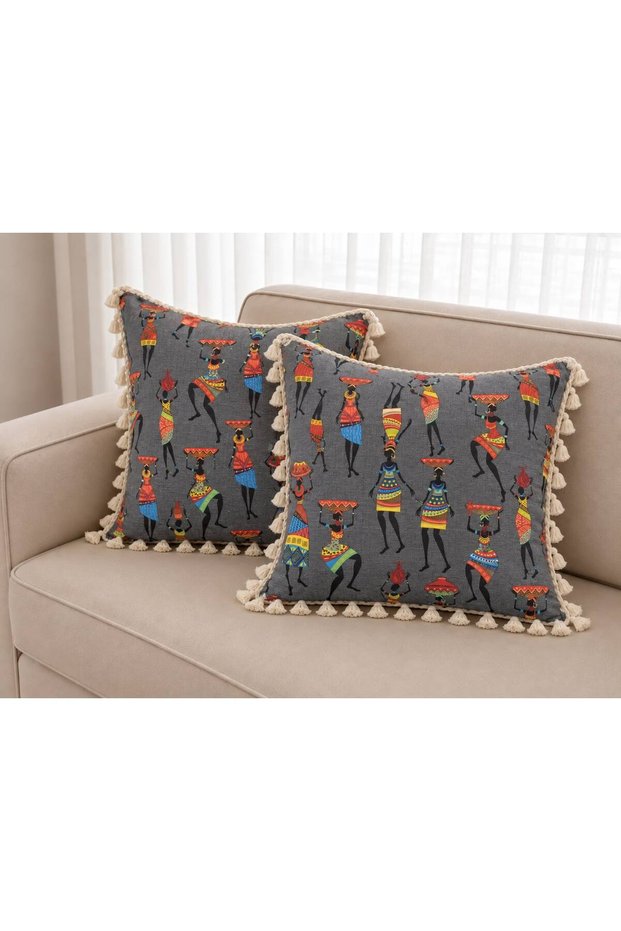 African Woman Patterned Ethnic Duck Fabric Decorative Throw Pillow Cover with Tassels - Dowry Set of 2