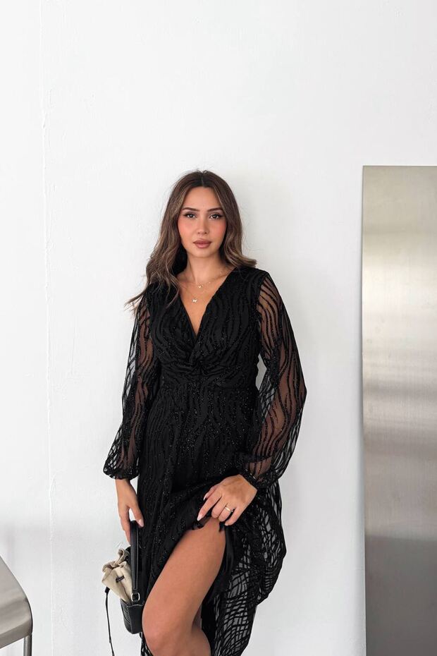 Women's Black Glittery Patterned Double-Breasted Lapel Draped Detailed Midi Asymmetric Dress Nbk5037