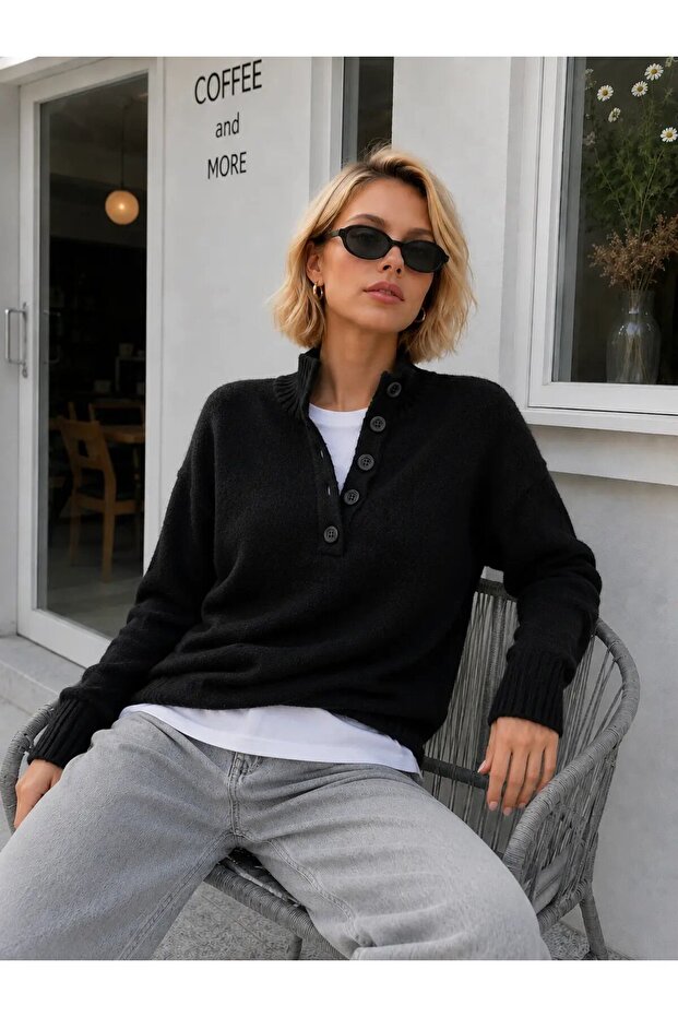 Women's Stand Collar Button Detailed Soft Textured Knitwear Sweater 8738