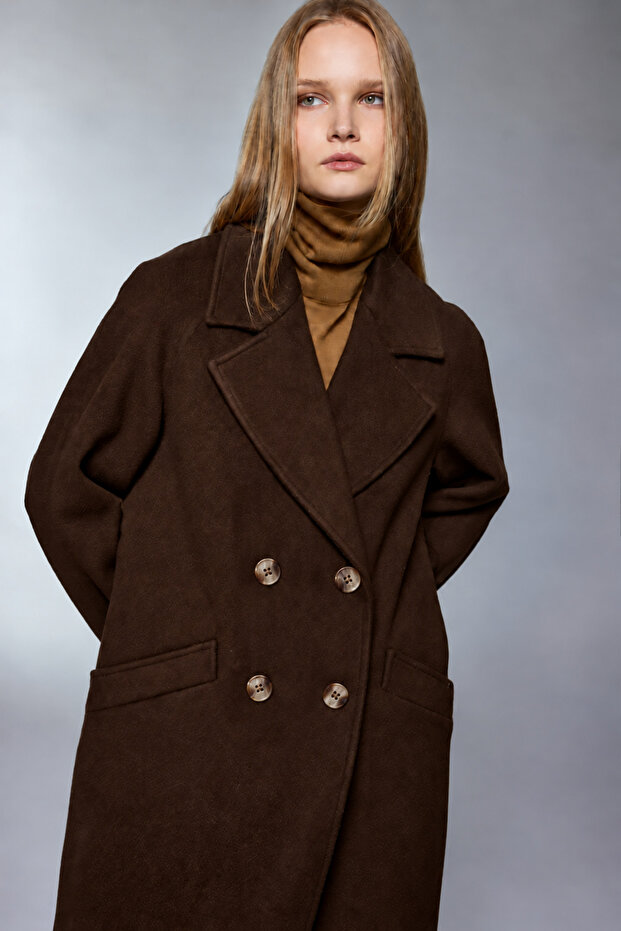 Double-Breasted Collar Pocket Detailed Cashmere Brown Coat 13300