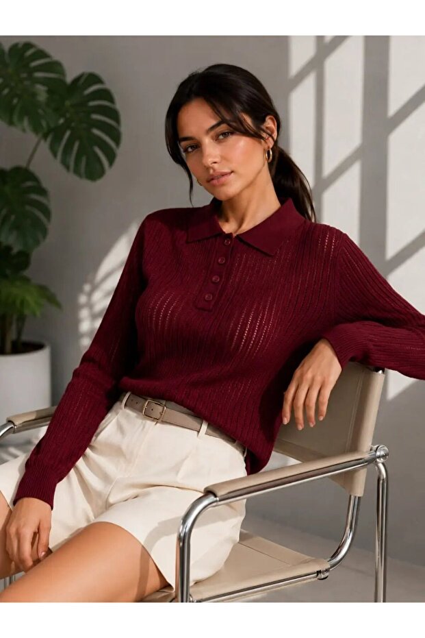 Women's Polo Collar Buttoned Ribbed Thin Knit Sweater 12500