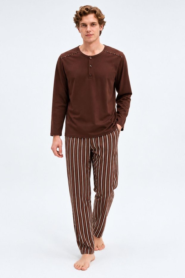 Men's Premium 100% Cotton Striped Comfortable Fit Long Sleeve Pajama Set