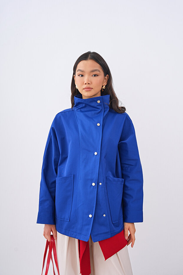 Women's Snap Pocket Detailed Short Trench Coat Saks Blue