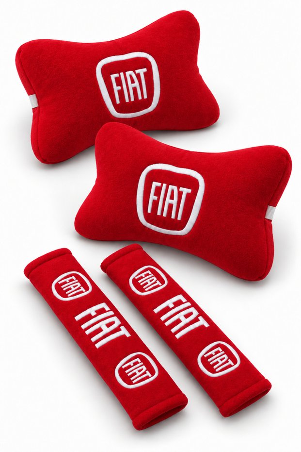 Fiat Embroidered Red Fleece Car Neck Pillow and Seat Belt Pad Set of 4 – 2 Pillows + 2 Pads