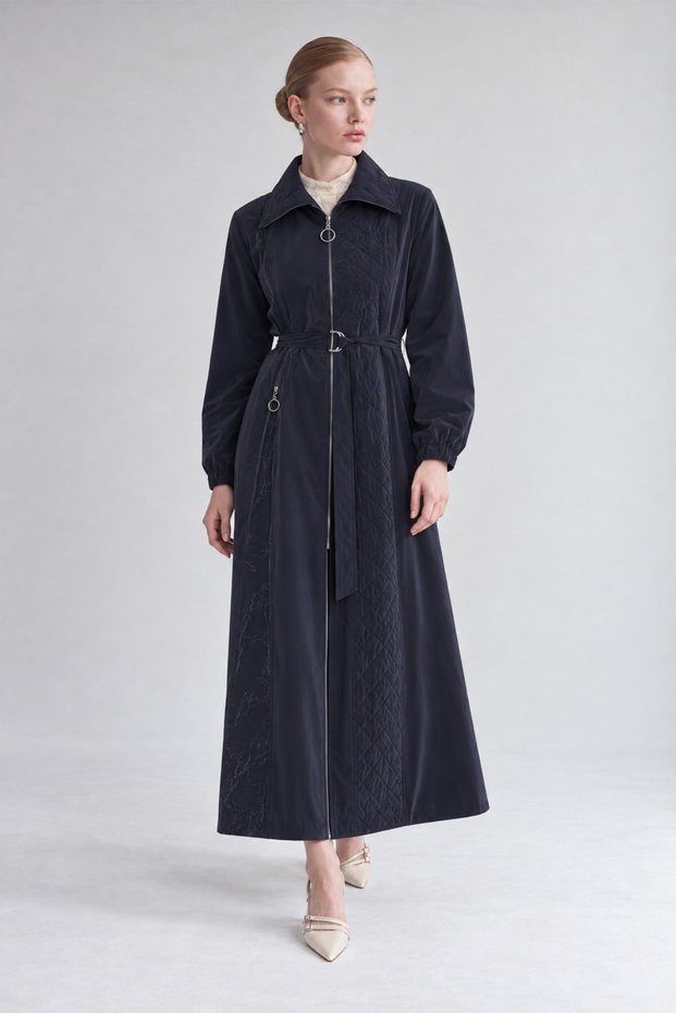 Navy Blue Open-Front Zip Detail Trench Coat