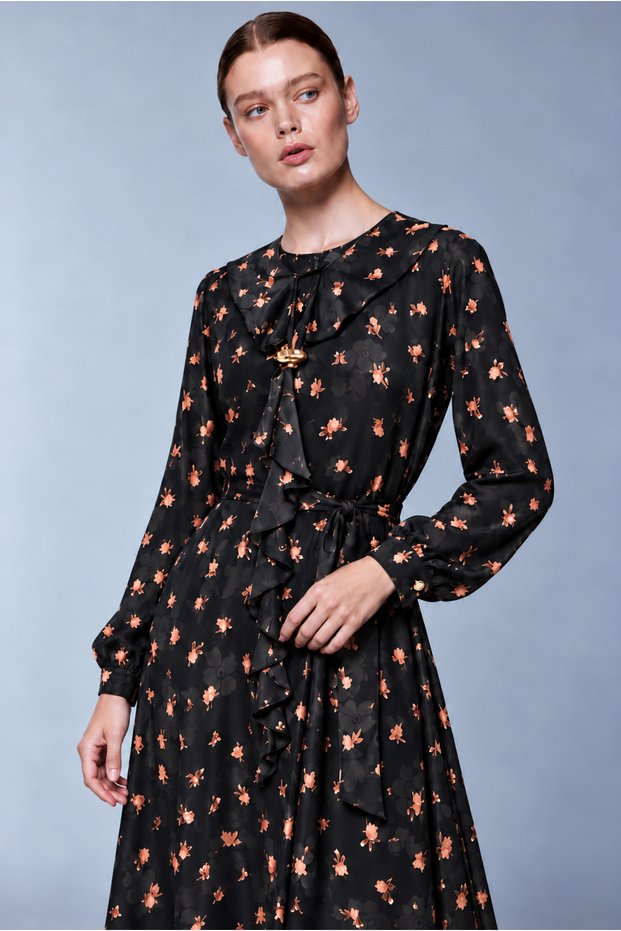 Floral Patterned Long Dress with Ruffle Detail Black 0623