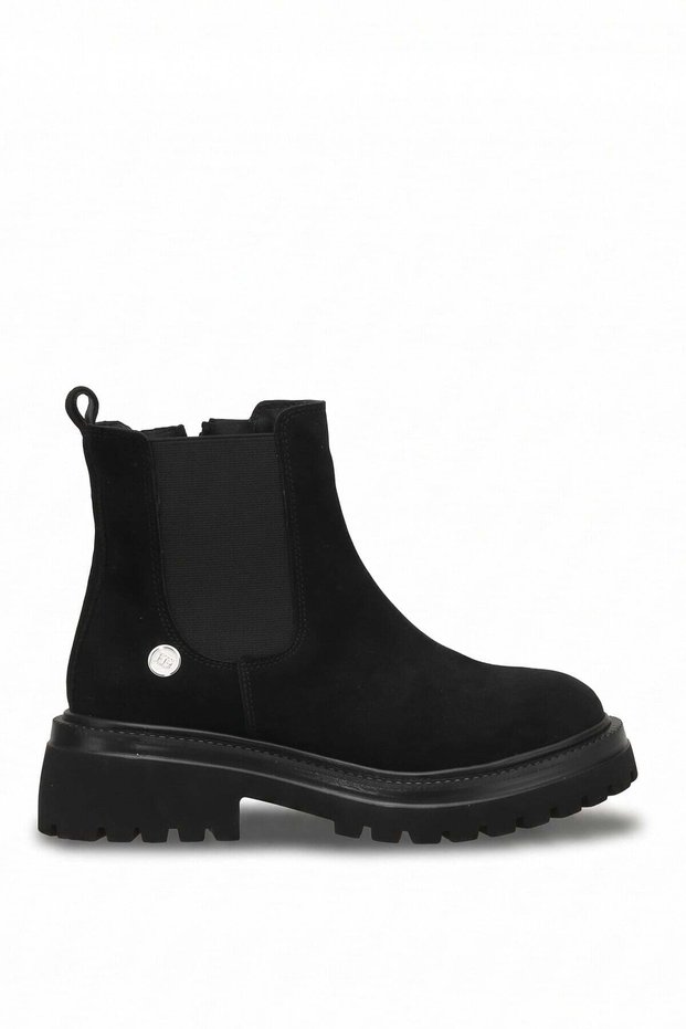 D26Kb-9005N Women's Genuine Nubuck Leather Flat Boots Black