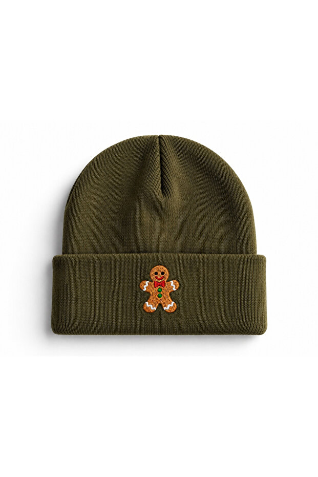 Gingerbread Design Embroidered Cotton Winter Beanie - Gingerbread Embroidered Christmas Themed Winter Design Beanie