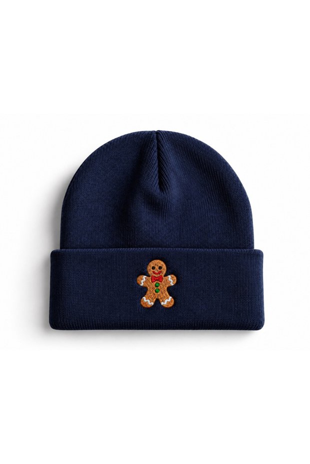 Gingerbread Design Embroidered Cotton Winter Beanie - Gingerbread Embroidered Christmas Themed Winter Design Beanie