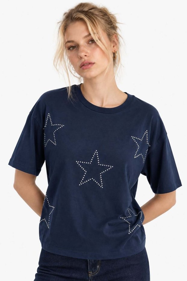Star Printed Crop T-Shirt with Foil and Stone Detail