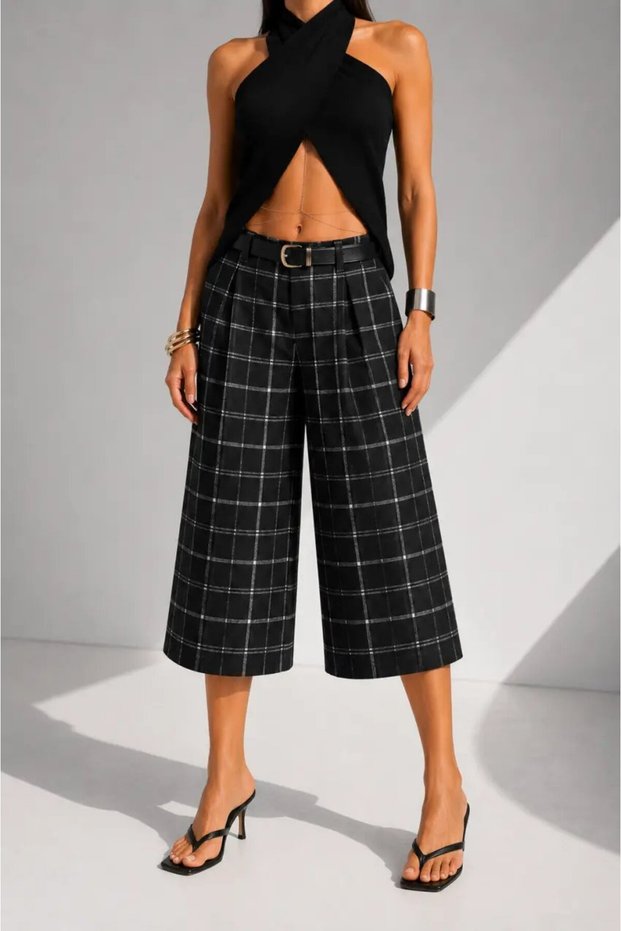 Women's Black Plaid Patterned Belted High Waist Pleated Wide Leg Capri Pants