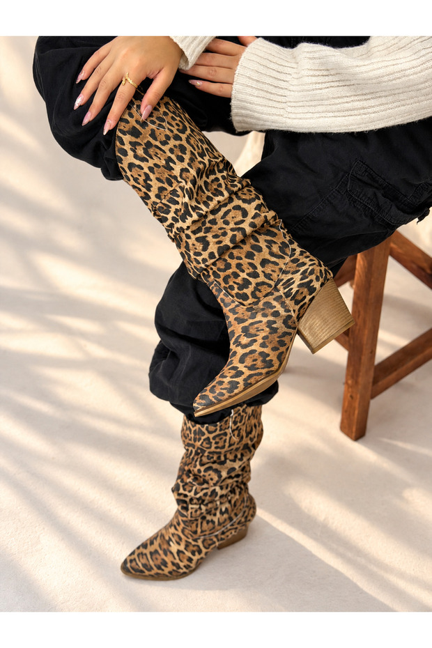 Terry Leopard Leather Black Sole Bellows Dallas Boots
