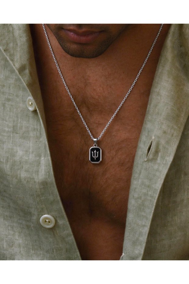 Poseidon Three Pronged Spear Motif Men's Necklace Silver Color Stainless Steel Black Plate Auger Chain