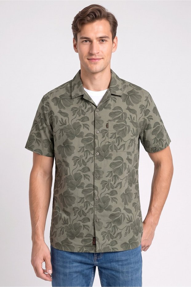 Men Regular Fit Floral Fit Short Sleeve Casual Shirt, Olive