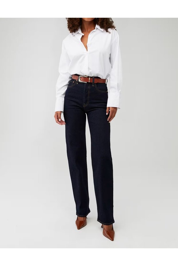 Super High Dark Blue Rise Ribcage Straight / High Waist Dark Wash Denim Pants