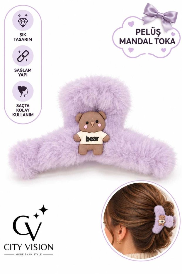 Plush Purple Color Hair Clip with Teddy Bear - Large Size