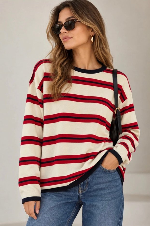 Women's Crew Neck Striped Knitwear Sweater