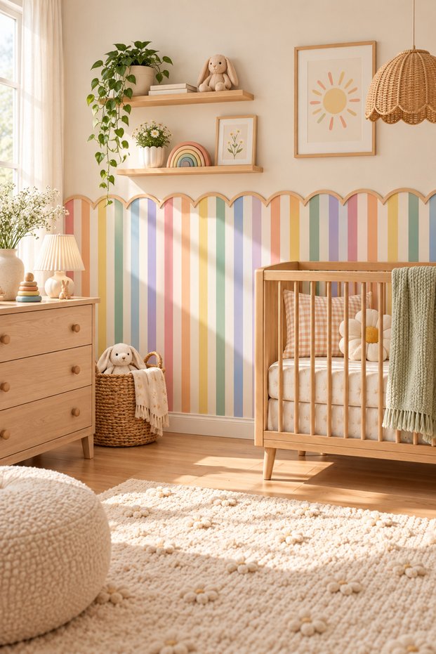 Rainbow Colors Striped Wall Sticker + Self-Adhesive Wooden Border | Baby and Children's Room Wall Decoration
