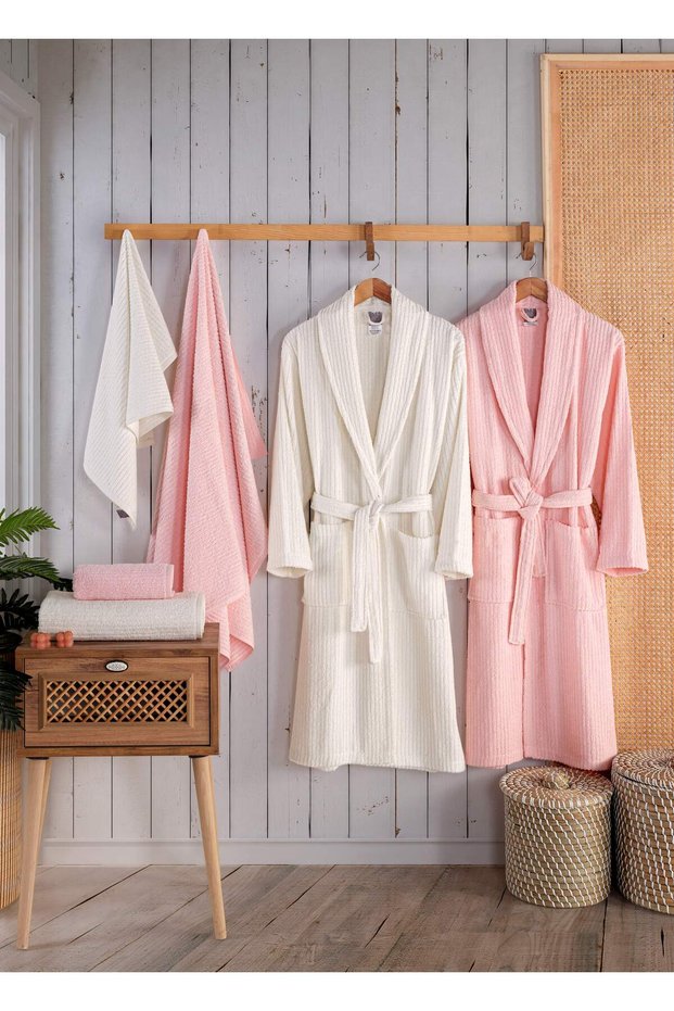 Newhome Alfa 6 Piece Boxed 100% Cotton Luxury Family Bathrobe Set Pink-Cream