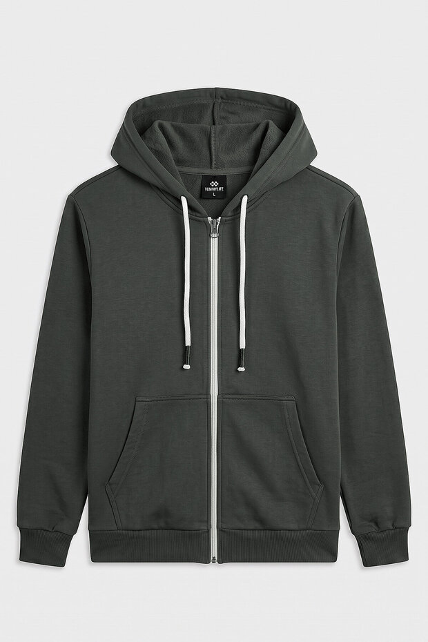 Khaki Standard Fit Basic Zippered Men's Sweatshirt - 88514