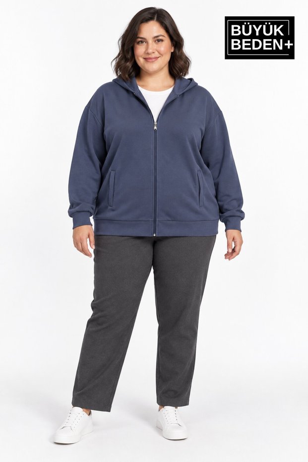 Women's Large Size Zippered Hooded Pocket Sweatshirt Cardigan Comfortable Fit Spr26Bhrk961