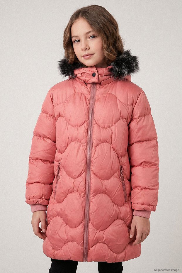 Honeycomb Stitched Plush Lined Girls' Coat - 26K 5050