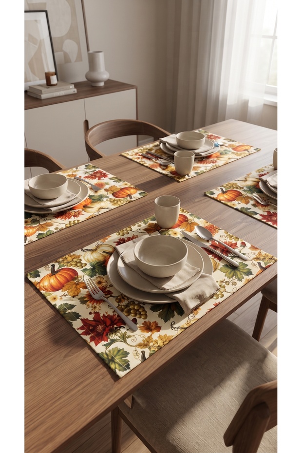 4-Piece Duck Fabric Placemat Set 33X44 cm – Pumpkin and Autumn Leaf Pattern, Stain-Resistant, Water-Resistant Decorative Placemat