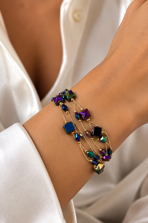 Gold Color Chain Square Beaded Multi-Row Bracelet (18cm)