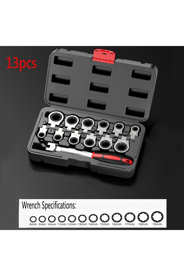 13pcs-HTBS Portable 8/13-piece Set Shaking Head Replaceable Ratchet Wrench Set,Chrome Vanadium Steel