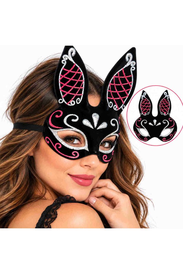 Suede coated embroidered tan mask - black pink silver