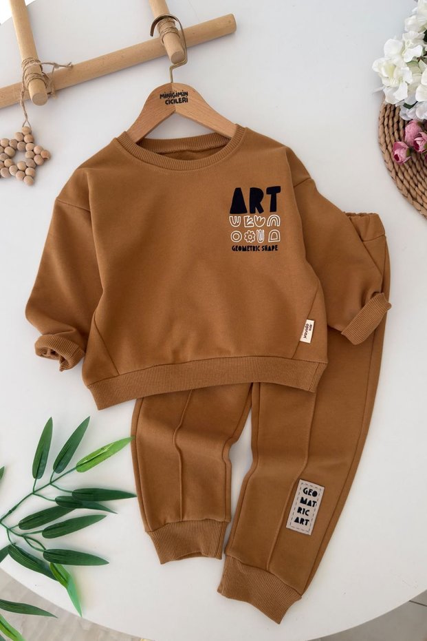 Art Printed Geometric Detailed Boys' 2-Piece Tracksuit Set - Mustard