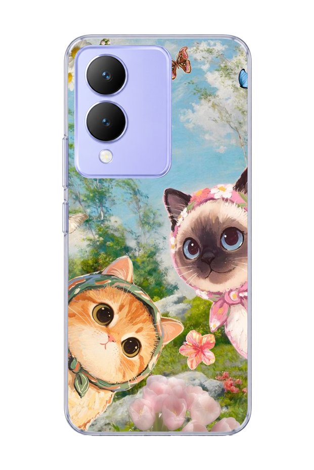 Vivo Y17S Compatible Cats with Scarf Spring Printed Transparent Phone Case