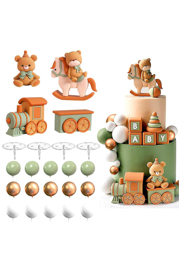 23pcs bear Sage Green Bear Cake Decoration Baby Bear Natural Baby Shower Cake Topper Bears Train Cak