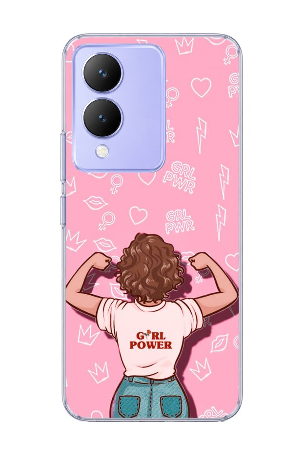 Vivo Y17S Compatible Strong Women's Pink Printed Transparent Phone Case