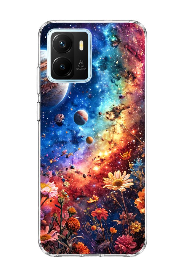Vivo Y15S Compatible Galaxy and Flowers Printed Transparent Phone Case