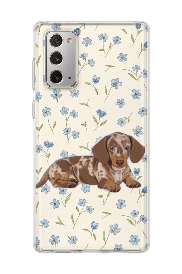 Samsung Galaxy Note 20 Compatible Sausage Dog Blue Flower Printed Transparent Phone Case