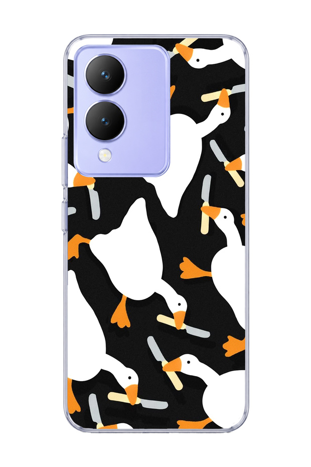 Vivo Y17S Compatible White Goose Printed Transparent Phone Case with Blade