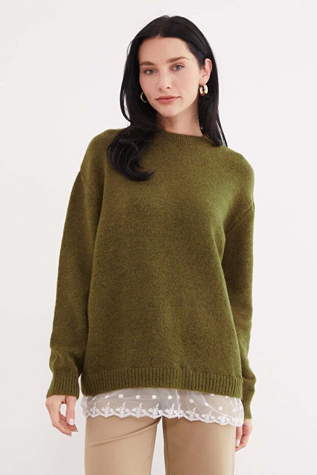 Ruffled Skirt, Crew Neck, Loose Knit Sweater