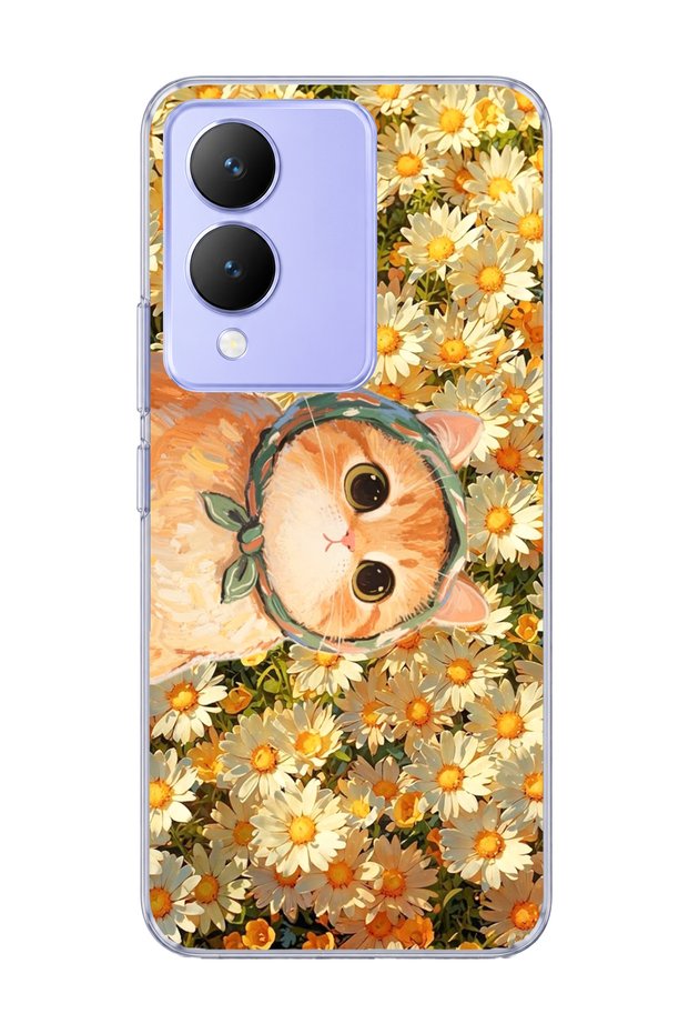 Vivo Y17S Compatible Orange Cat Daisy Printed Transparent Phone Case with Scarf