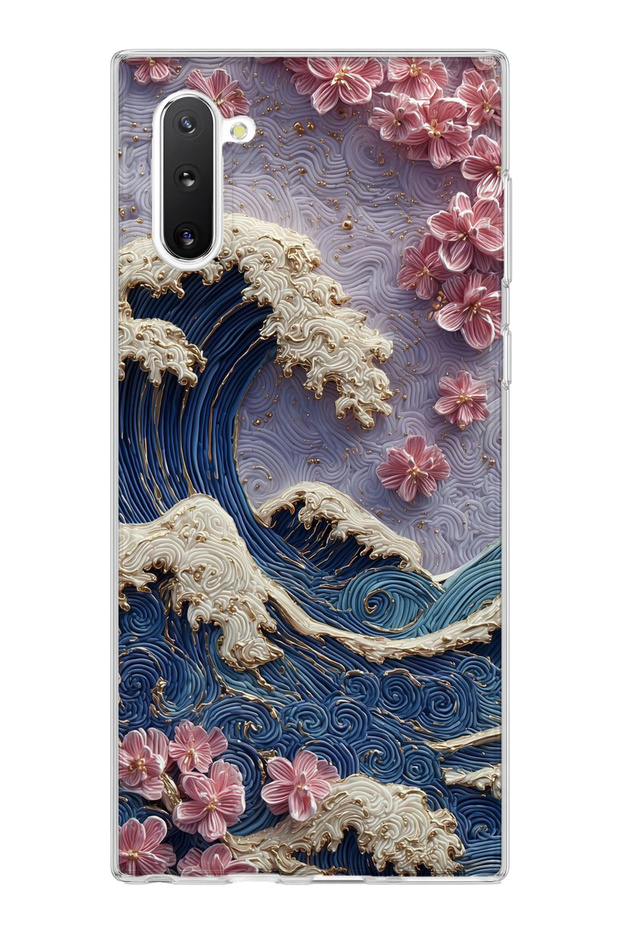 Samsung Galaxy Note 10 Compatible Wave and Cherry Blossom Printed Transparent Phone Case