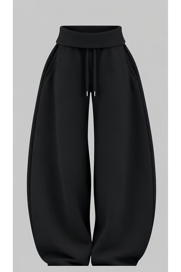 Y2K Waist Folded Viral Unisex Black Sweatpants Bshcka