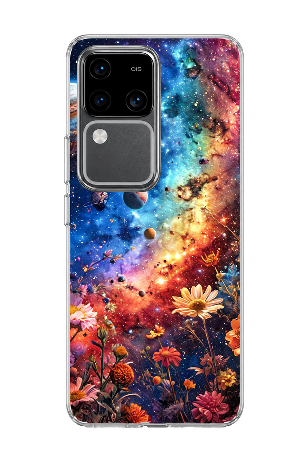 Vivo V30 5g Compatible Galaxy and Flowers Printed Transparent Phone Case